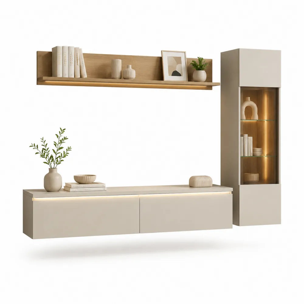 Meuble TV mural 200 cm x 40 cm x 35 cm étagère murale et colonne vitrine LED chêne clair blanc bois naturel MDF avec verre trempé