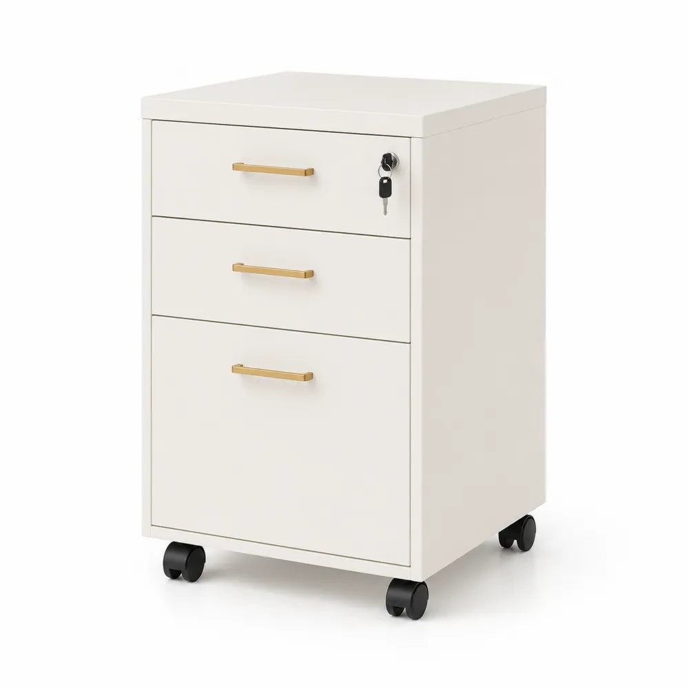 Caisson de bureau mobile 40 x 48 x 60 cm 3 tiroirs mélaminé blanc cassé poignées dorées roulettes noires verrouillage