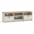 Meuble TV bas 180 cm x 40 cm x 48 cm décor chêne clair et blanc cassé panneaux de particules MDF avec rangements et tiroirs