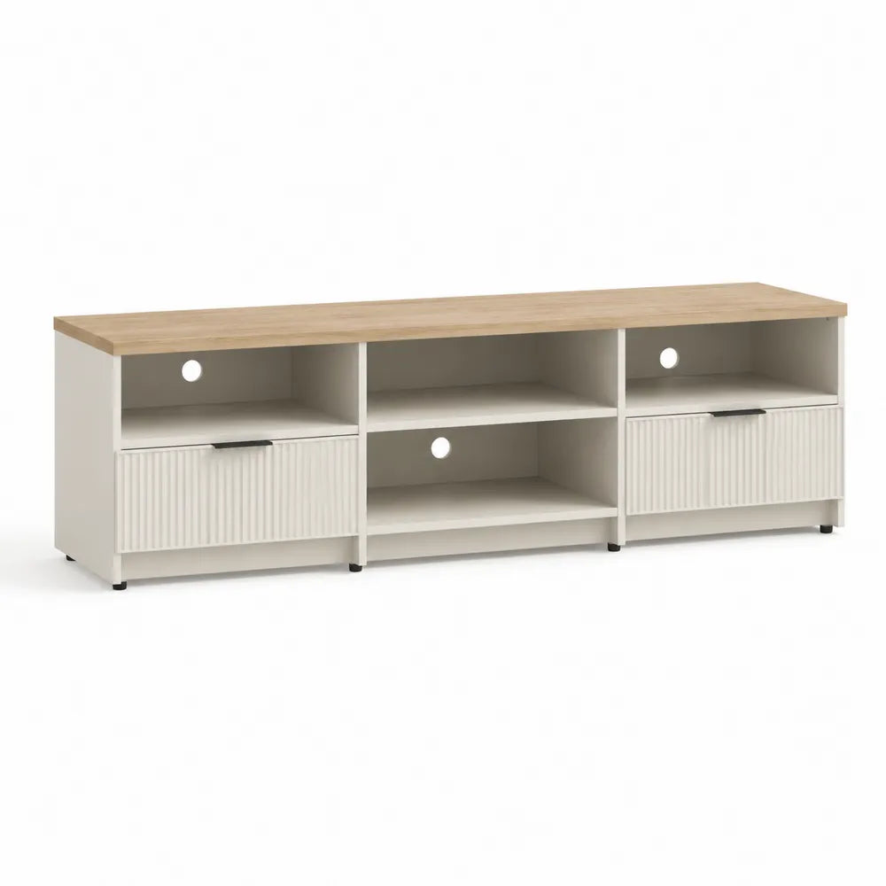 Meuble TV bas 180 cm x 40 cm x 48 cm décor chêne clair et blanc cassé panneaux de particules MDF avec rangements et tiroirs