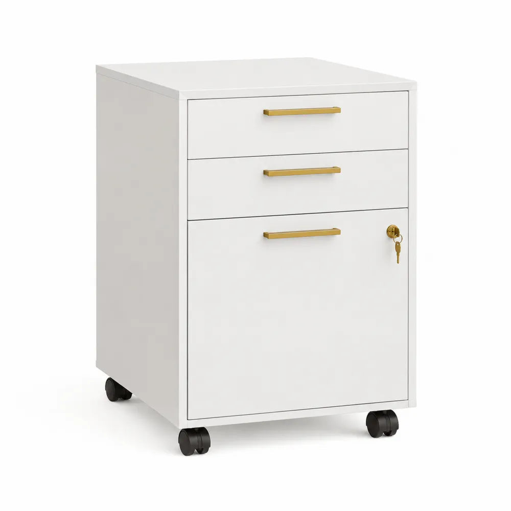 Caisson de bureau mobile blanc 40 cm 50 cm 60 cm avec 3 tiroirs armoire latérale et serrure sur roulettes