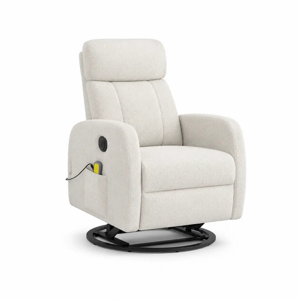 fauteuil relax pivotant électrique 75 x 85 x 105 cm tissu polyester beige base métal noir forme circulaire dossier inclinable