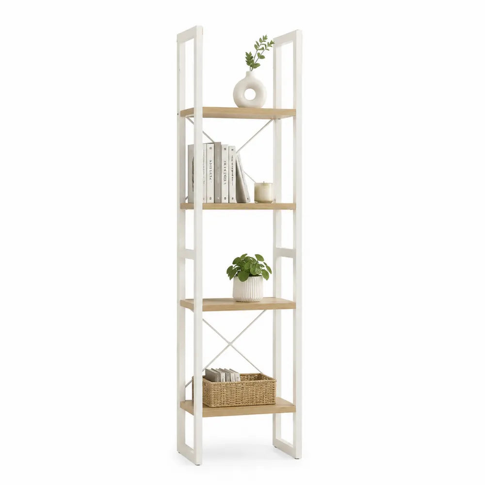 Bibliothèque étagère 4 niveaux 180 cm x 40 cm x 30 cm acier blanc MDF effet chêne clair structure ouverte avec croisillons