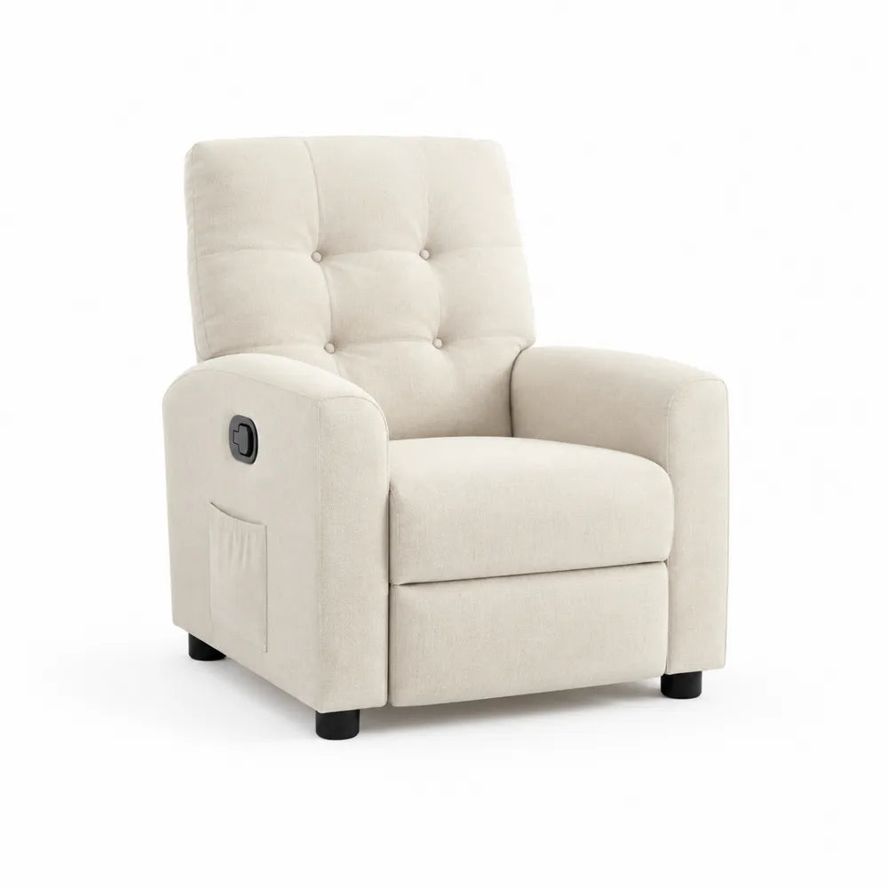 Fauteuil relax inclinable 80 cm largeur 85 cm profondeur 100 cm hauteur tissu polyester beige dossier capitonné structure bois pieds noirs mécanisme manuel