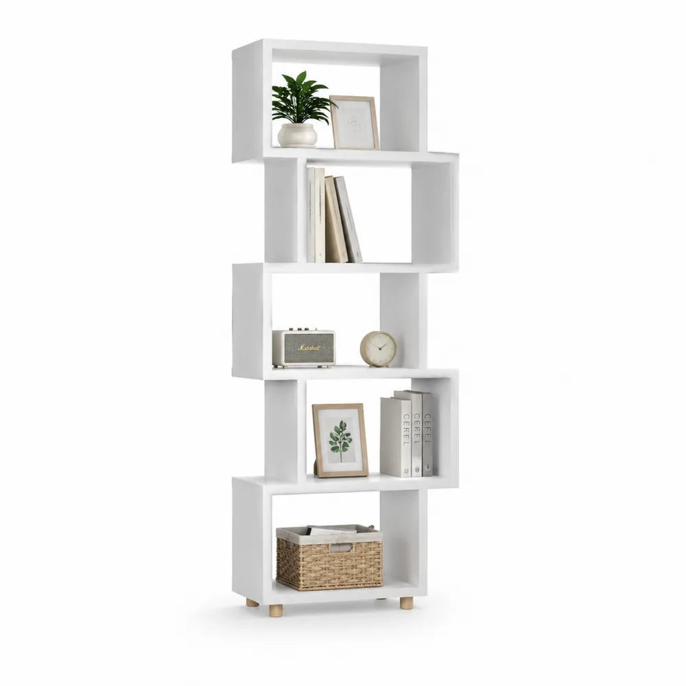 Bibliothèque étagère 60 cm largeur 24 cm profondeur 190 cm hauteur 5 niveaux MDF blanc structure géométrique pieds bois naturel