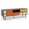 Meuble TV bas 180 cm 40 cm 55 cm MDF panneaux particules finition bois noyer façades géométriques orange jaune blanc vert pieds acier noir doré