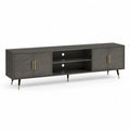 Meuble TV rectangulaire 180 cm x 40 cm x 50 cm en MDF mélaminé effet noyer foncé avec portes rainurées noir et pieds acier doré