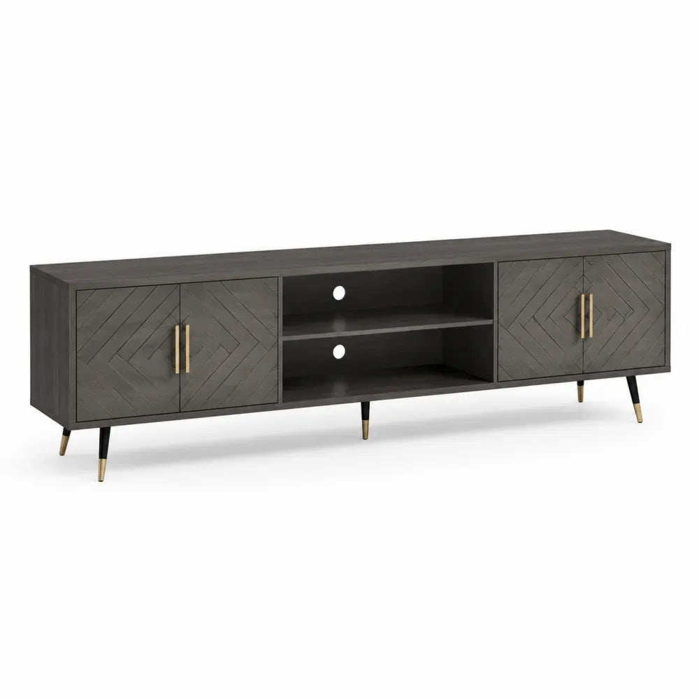 Meuble TV rectangulaire 180 cm x 40 cm x 50 cm en MDF mélaminé effet noyer foncé avec portes rainurées noir et pieds acier doré