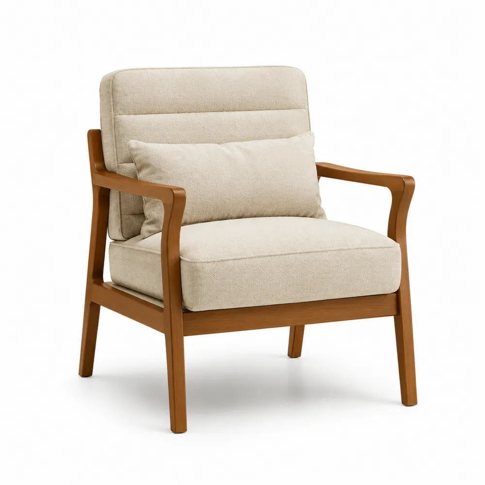 Fauteuil en bois d'hévéa 70 cm x 75 cm x 85 cm assise mousse polyester beige coussin dossier bois naturel accoudoirs bois naturel