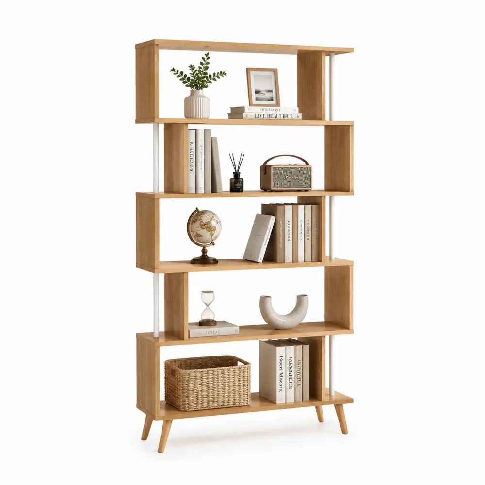 Bibliothèque 80 x 30 x 170 cm étagère ouverte 5 niveaux bois effet chêne clair structure métal blanc pieds bois massif forme rectangulaire