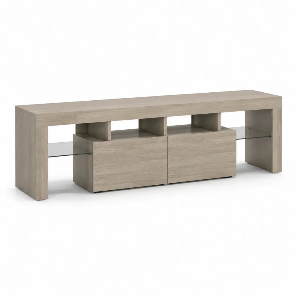 Meuble TV bas 200 cm 40 cm 55 cm MDF mélaminé chêne clair avec étagères en verre transparent et rangements centraux
