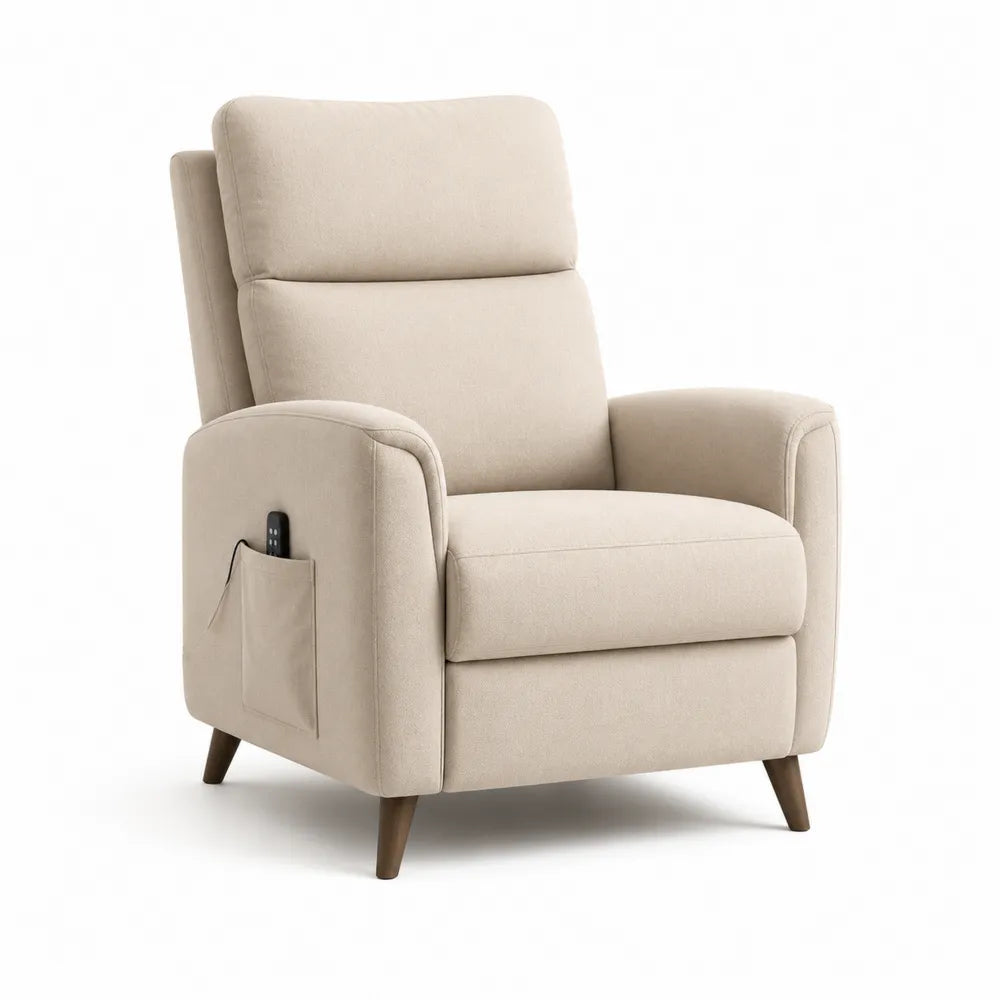 Fauteuil 75x80x100 cm assise rembourrée tissu polyester beige structure bois pieds bois naturel poche latérale