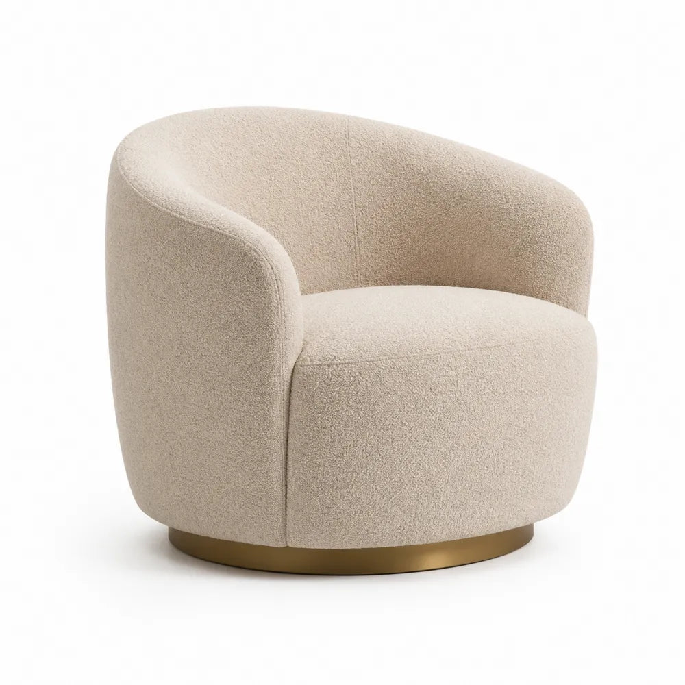 fauteuil pivotant 80 x 80 x 75 cm tissu polyester bouclé beige base métal doré forme ronde