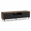 Meuble TV bas 180 cm x 40 cm x 50 cm bois noyer noir métal doré avec portes rainurées et étagère ouverte