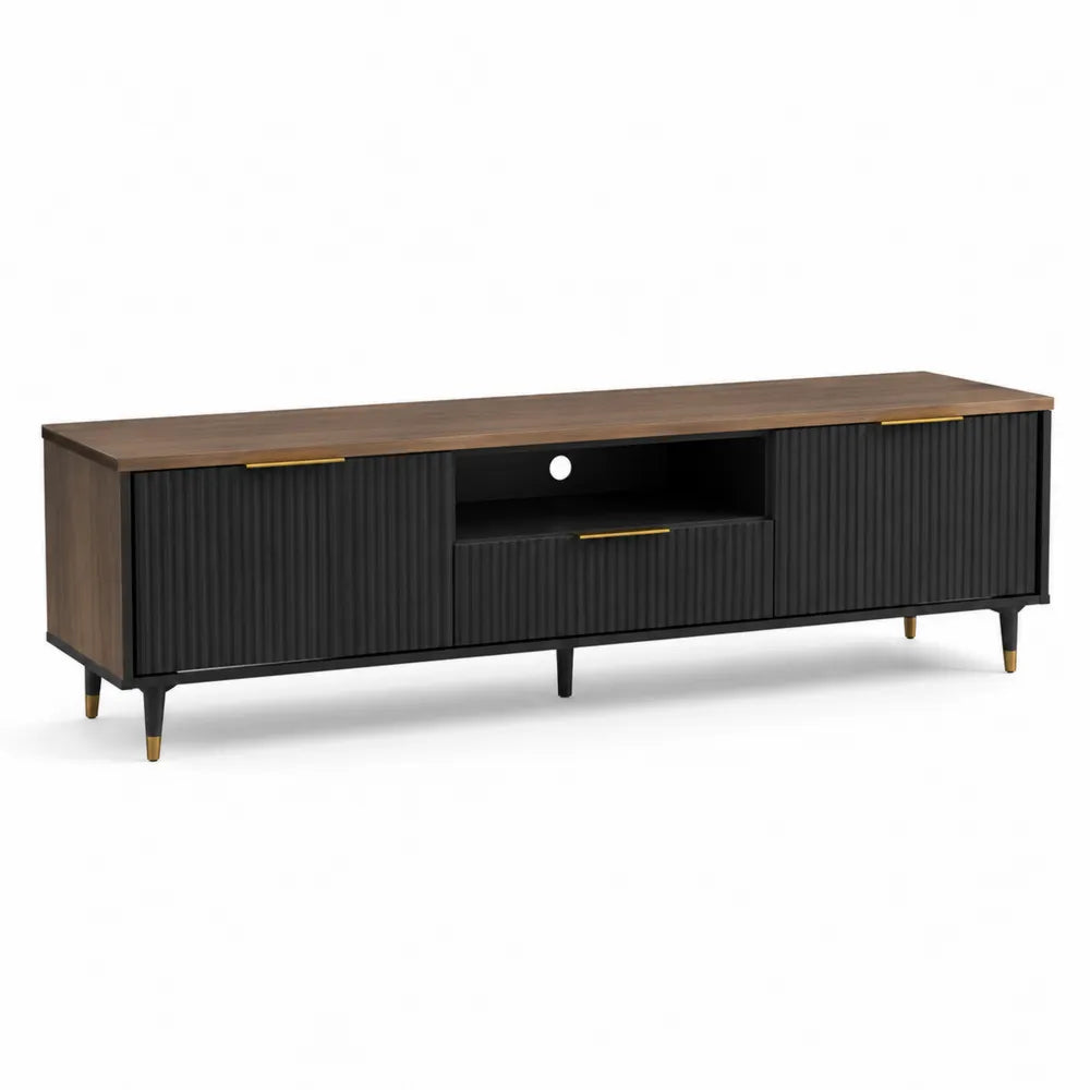 Meuble TV bas 180 cm x 40 cm x 50 cm bois noyer noir métal doré avec portes rainurées et étagère ouverte