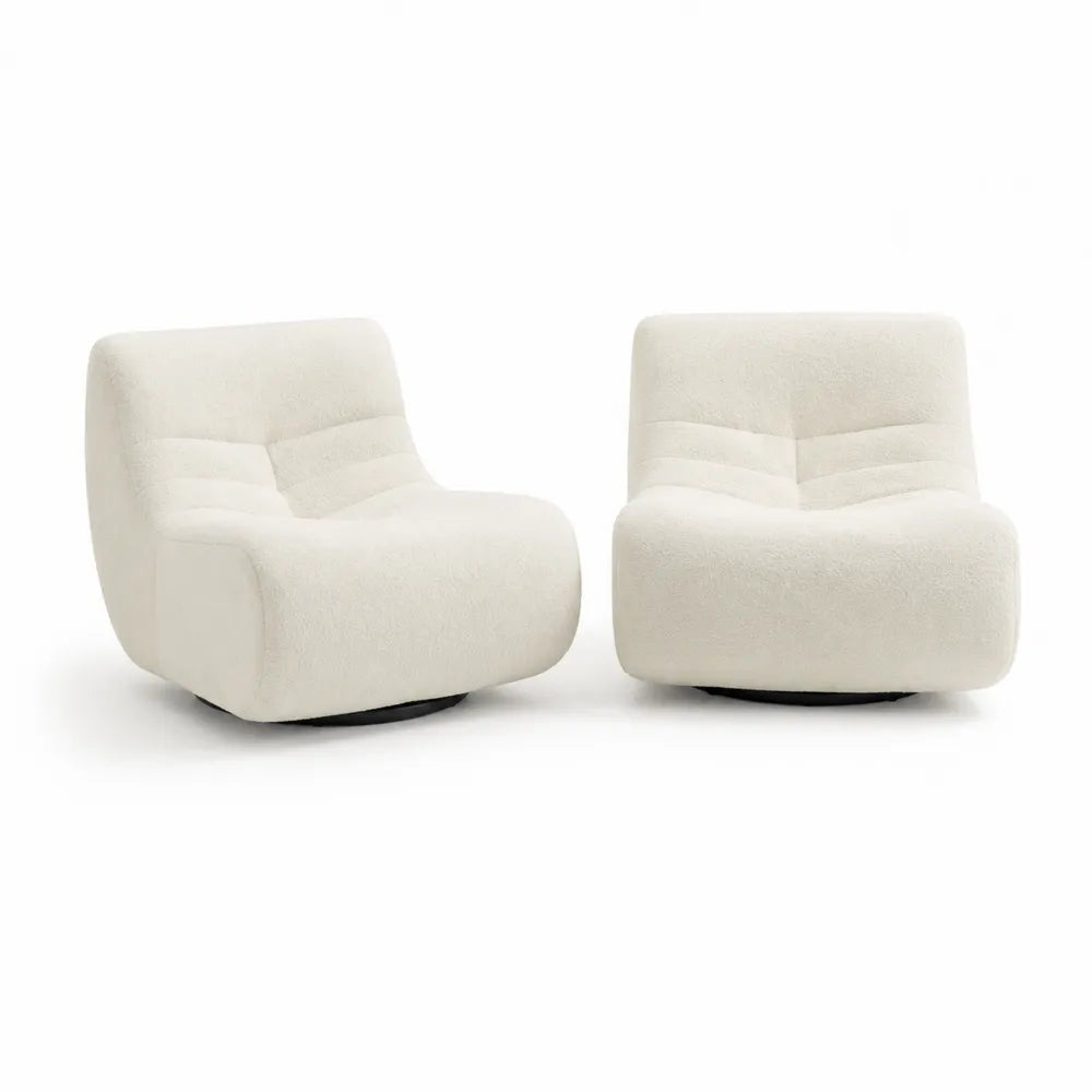 fauteuil pivotant lot de 2 78 x 78 x 70 cm tissu bouclé polyester ivoire base métal noir forme arrondie sans accoudoirs