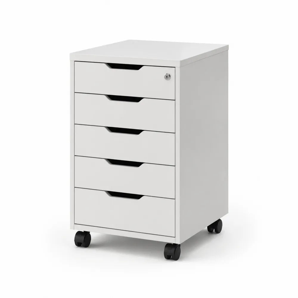 Caisson de bureau à roulettes 5 tiroirs verrouillable 40 cm 45 cm 65 cm panneaux mélaminés blanc forme rectangulaire