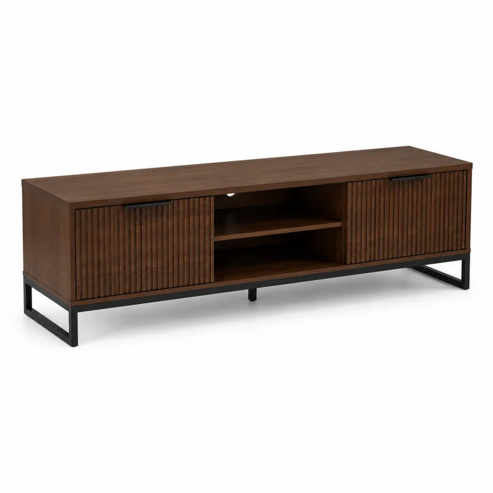 Meuble TV bas 200 cm x 40 cm x 50 cm bois noyer et acier noir avec portes rainurées et étagères ouvertes